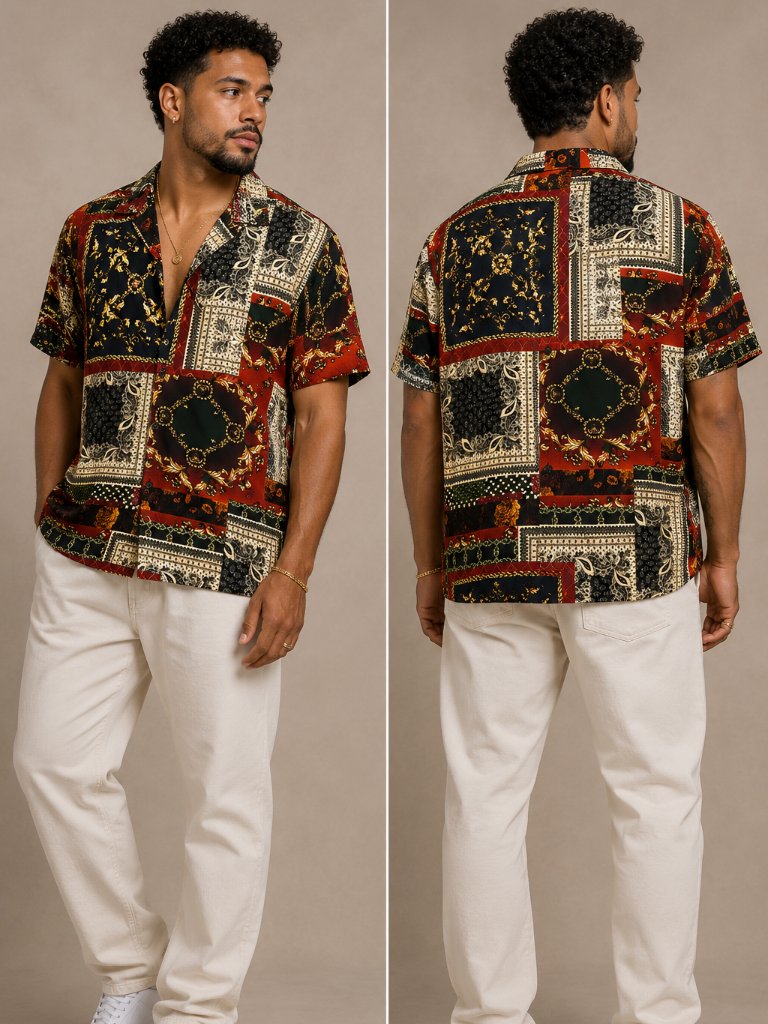 New Men's Patchwork Print Short Sleeve Button Up Shirt - Medium